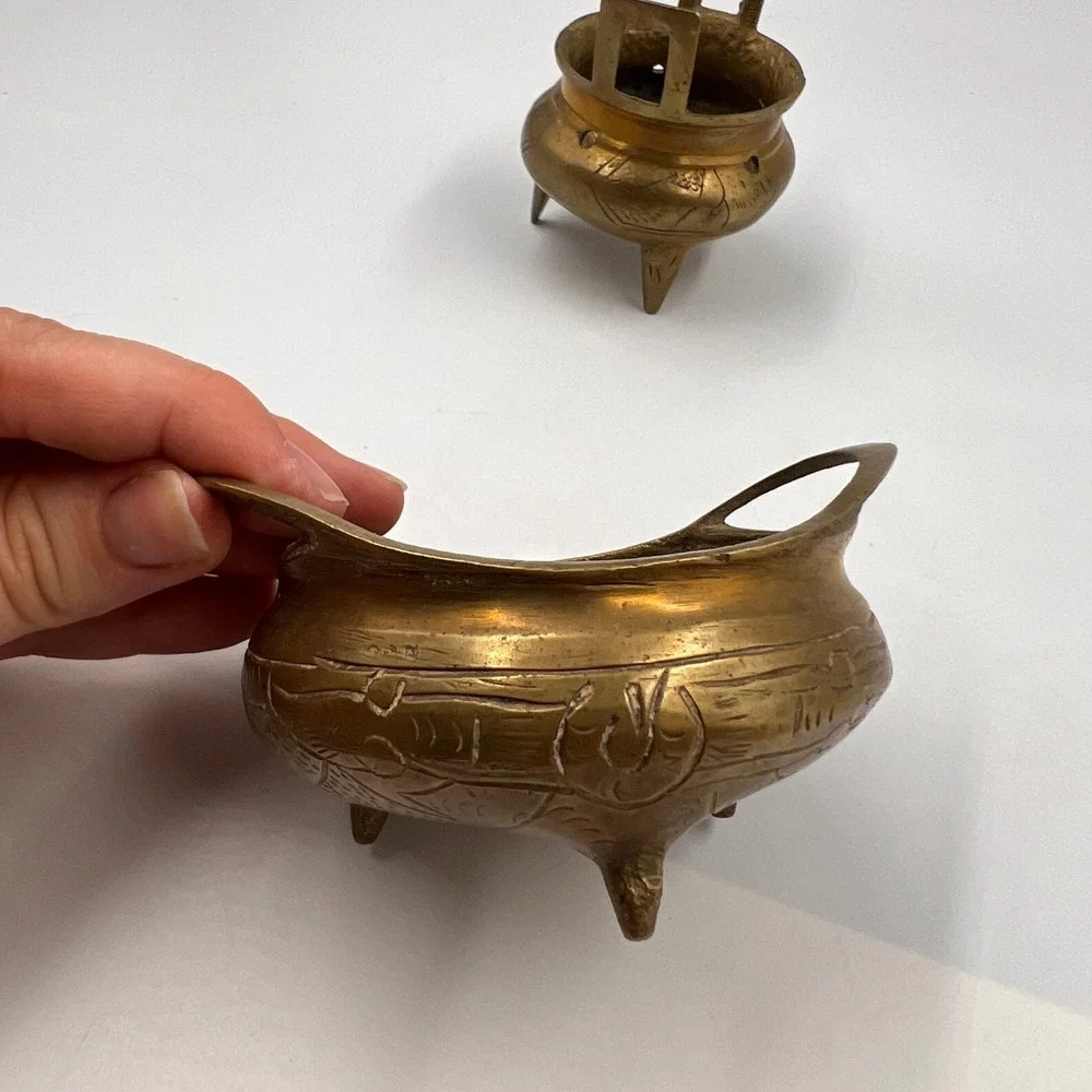 Vintage Chinese Cast‎ Brass Miniature Incense Burners Censer Pair Tripod Handled